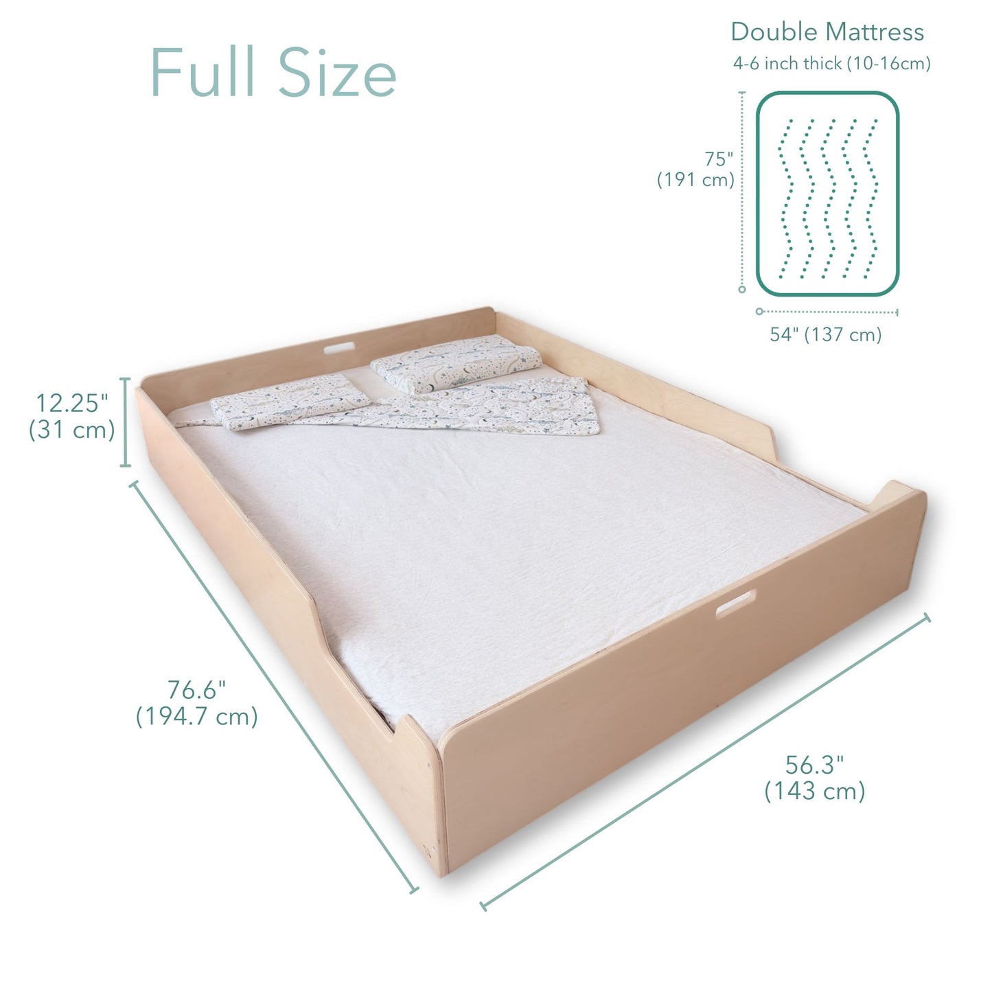 Full-size bed with mattress dimensions on a white background