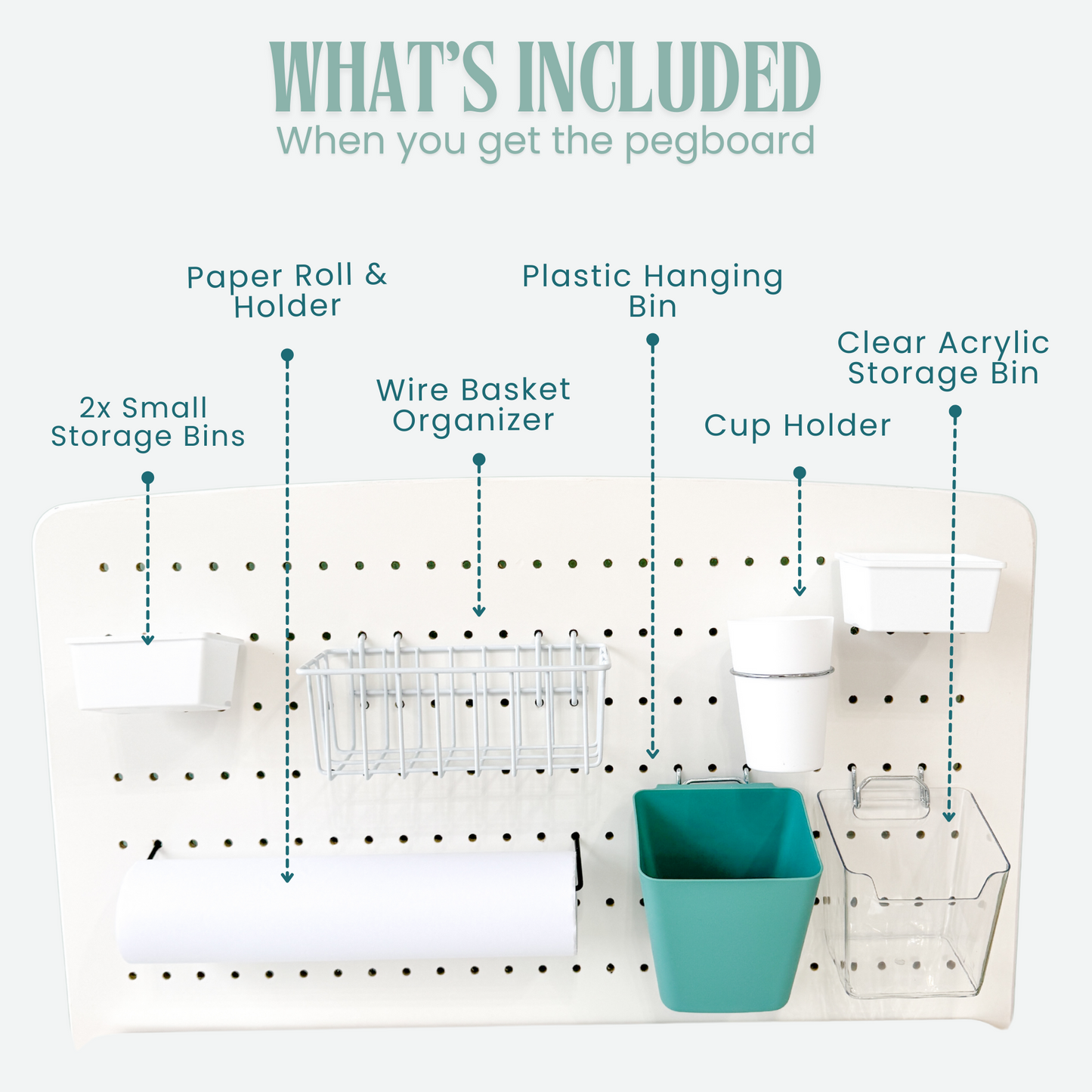 Close-up of the pegboard accessories included with the Lumen Big Kid Desk. The pegboard is mounted on the desk and features a paper roll holder, two small storage bins, a wire basket organizer, a plastic hanging bin, a cup holder, and a clear acrylic storage bin. Designed for organizing school supplies, art materials, and stationery.