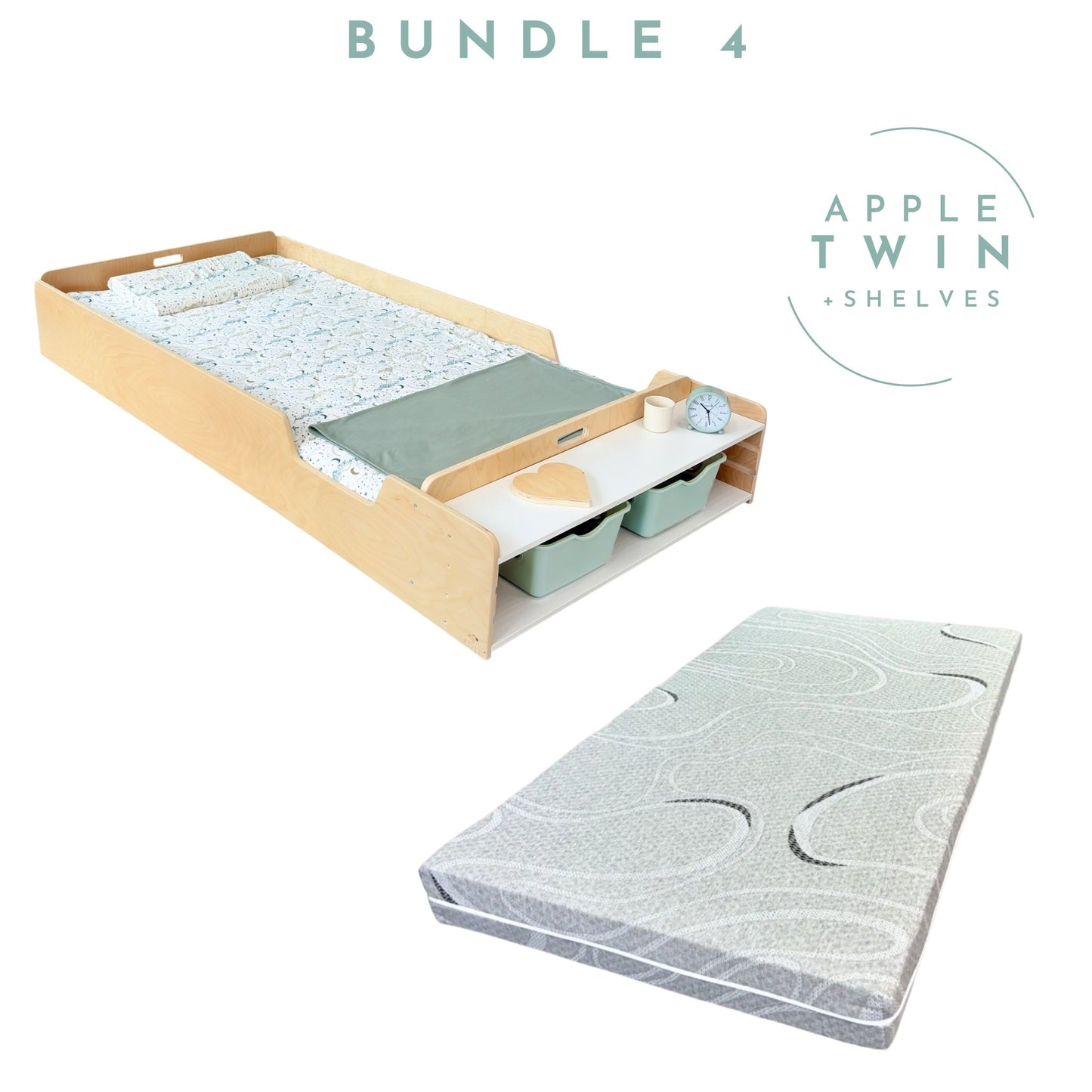 ENSEMBLE APPLE 2 - Lit Montessori au Sol avec Étagères et Matelas