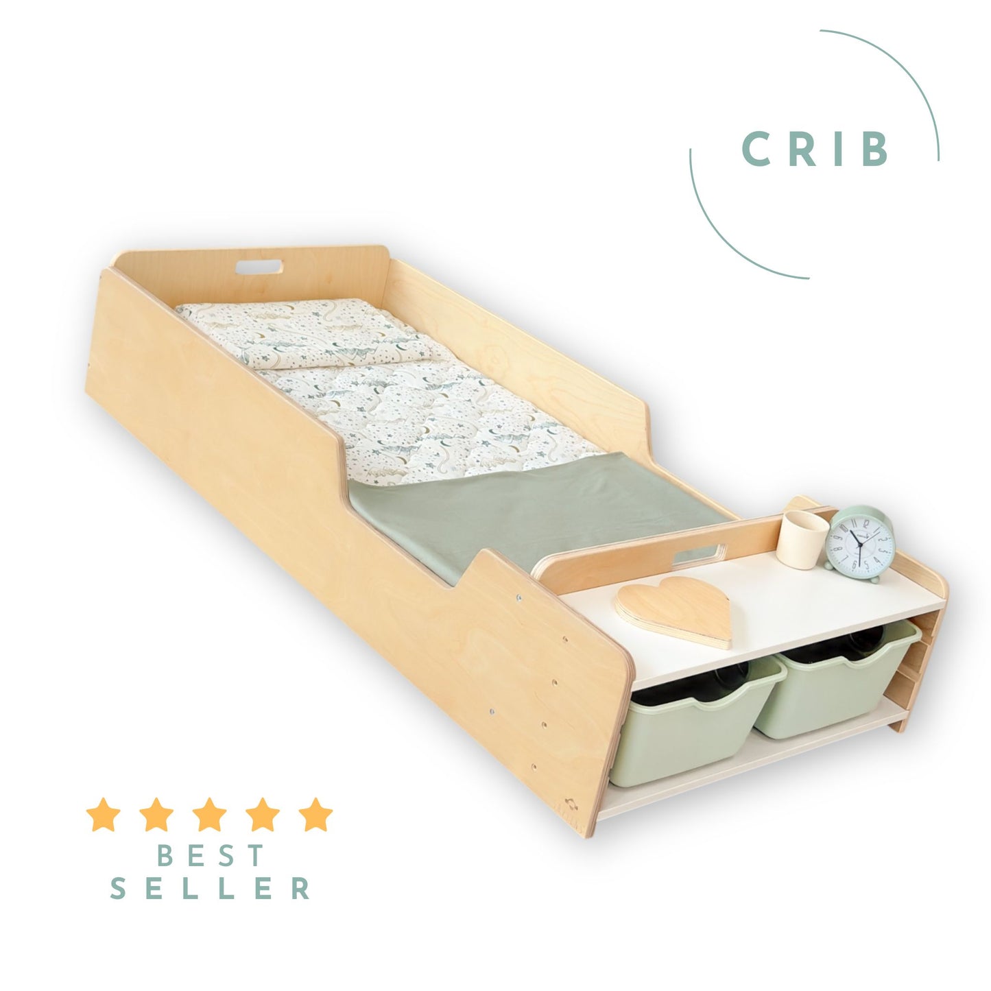 APPLE CRIB - Montessori Floor Bed with Rails & Shelves