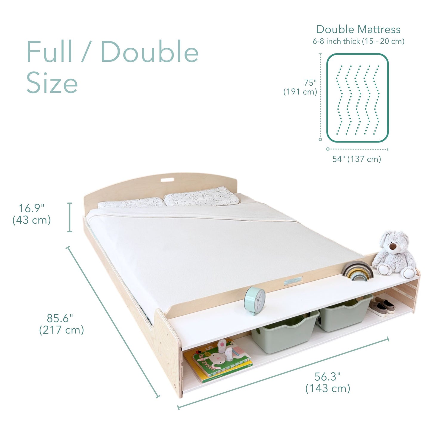 Dimensions of a full or double size bed with mattress and storage drawers.