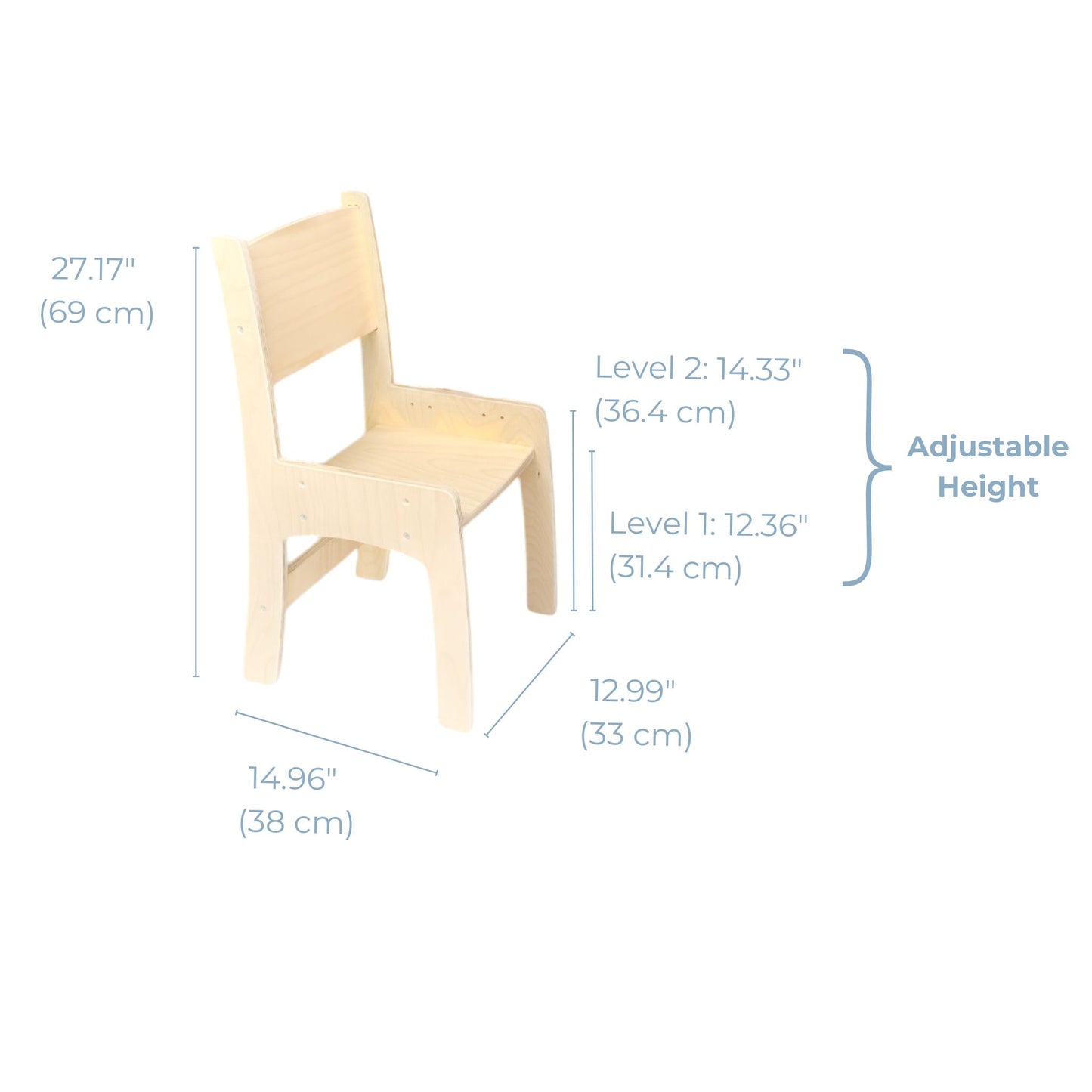 Natural wood Lumen Adjustable Kid’s Chair with ergonomic backrest and adjustable seat height. This Montessori-inspired chair is designed for children aged 4.5 to 10 years, with two height levels (31.4 cm and 36.4 cm). Crafted in Canada from high-quality birch wood, this sturdy and modern kids’ chair pairs perfectly with the Lumen Big Kid Desk.