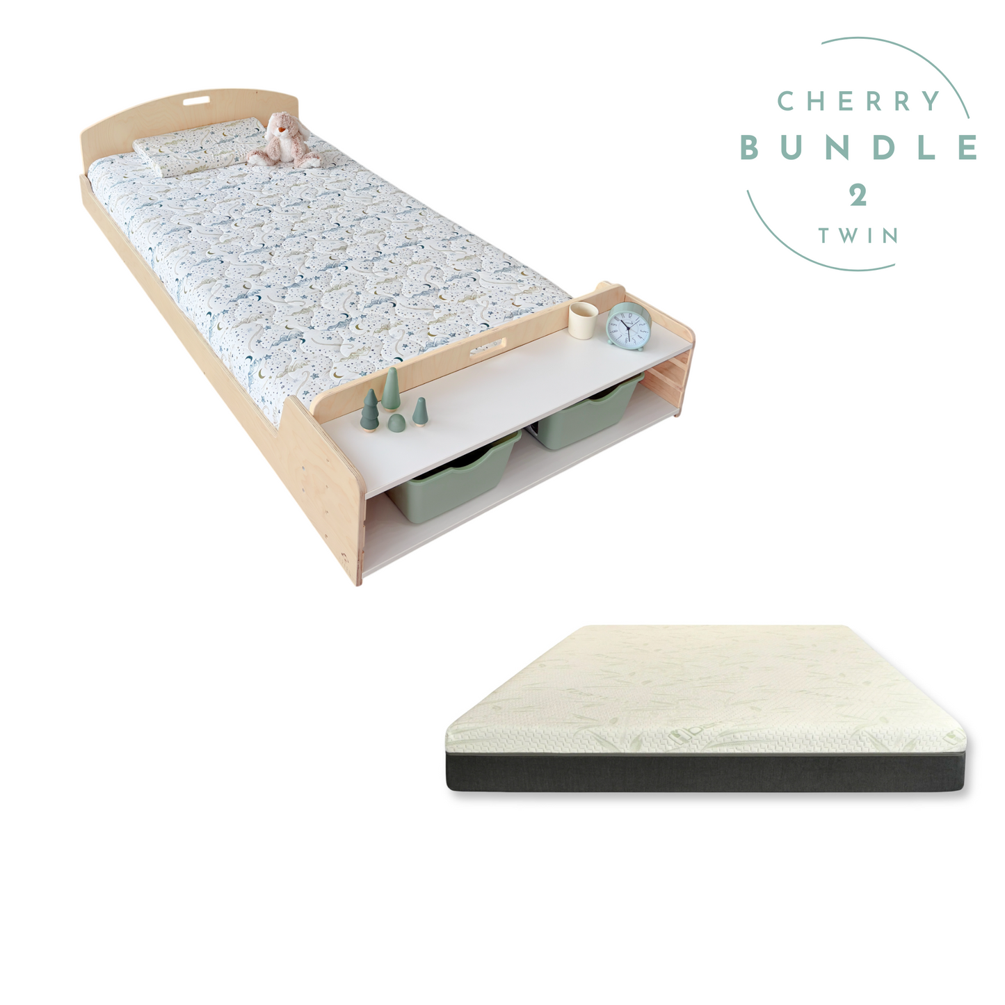 Montessori floor bed for kids aged 1 to 10, made from birch plywood with rounded edges. The bundle includes a twin-size memory foam mattress and integrated storage shelves at the foot of the bed, styled with playful toys and minimal décor.