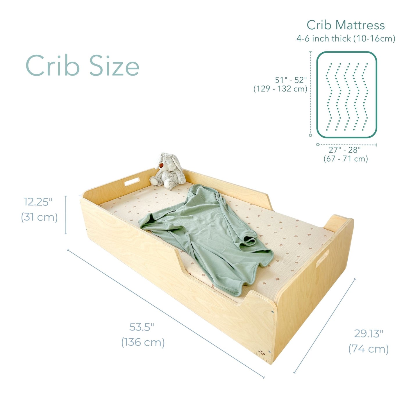 Crib with mattress dimensions labeled on a white background