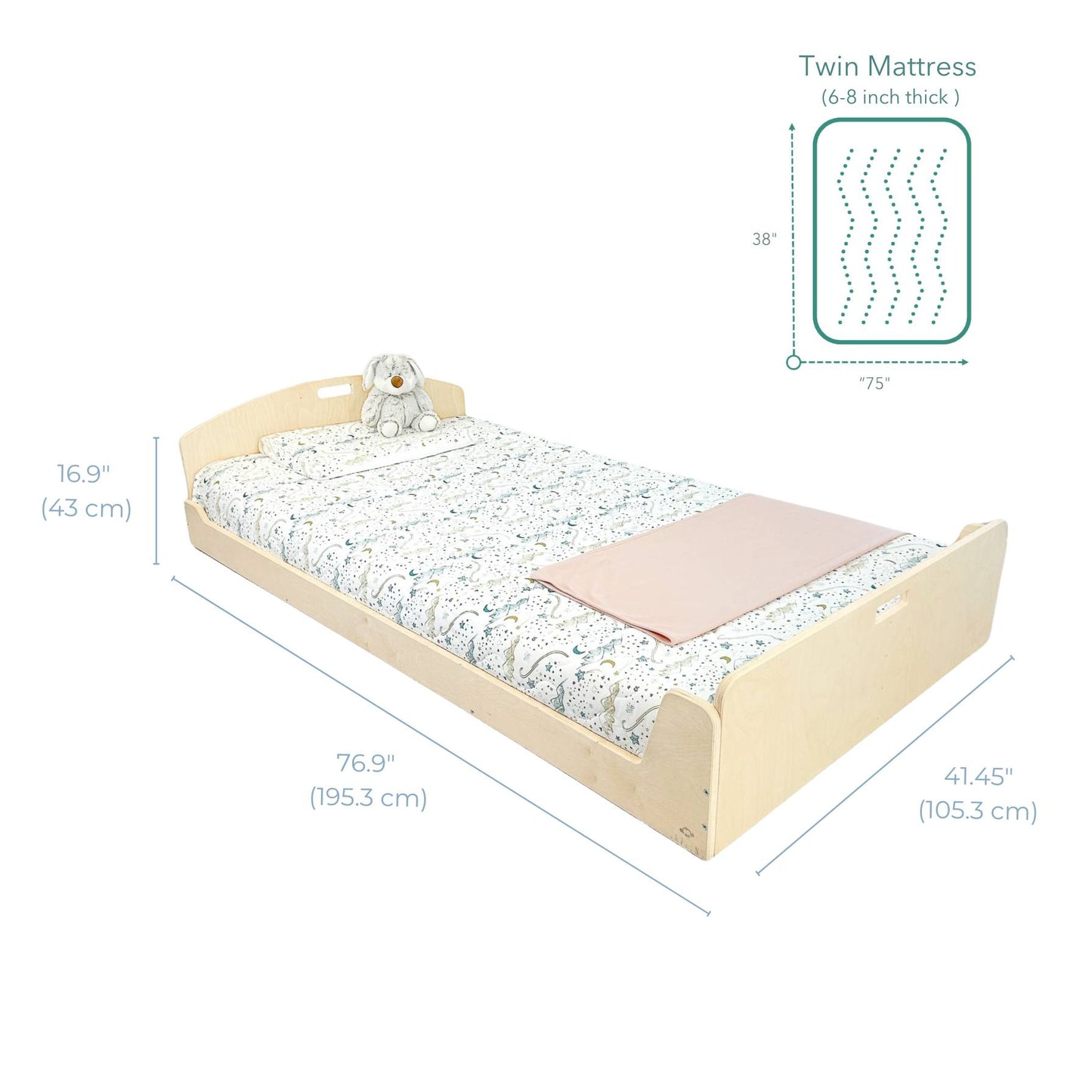 Low wooden twin bed with dimensions labeled: 76.9" (195.3 cm) long, 41.45" (105.3 cm) wide, and 16.9" (43 cm) high. Designed for safe, independent sleep with a curved headboard and side handles. Fits a twin mattress (6-8 inches thick).