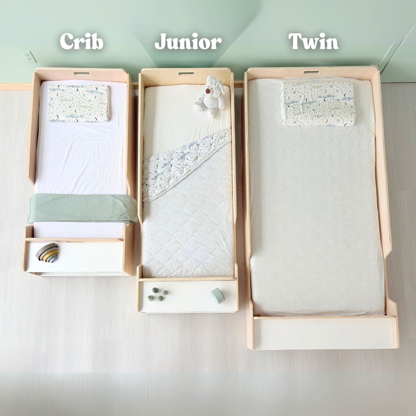 Visual comparison of Sapiens Child Montessori floor beds in crib, junior, and twin sizes, available in birch or maple wood – low profile design with front shelf, ideal for transitioning toddlers and kids from crib to floor bed to twin bed – handcrafted in Canada, supports independence, safe sleep, and minimalist Montessori bedroom setups