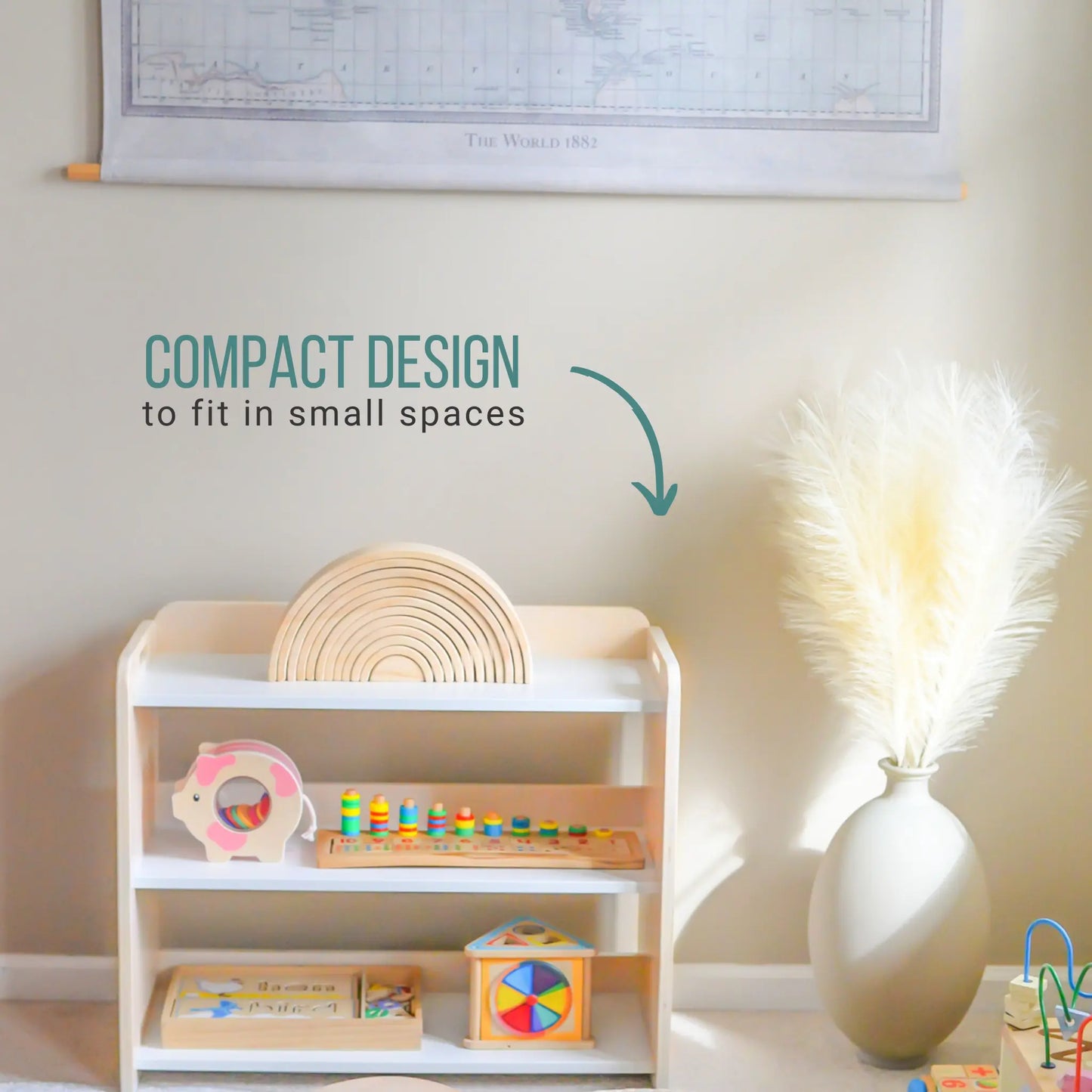Premium Montessori shelf for toddlers, made in Canada from plywood with rounded corners. Features three accessible levels for toys and learning materials, including green storage bins on the bottom shelf, designed to encourage independence and organization in young children.
