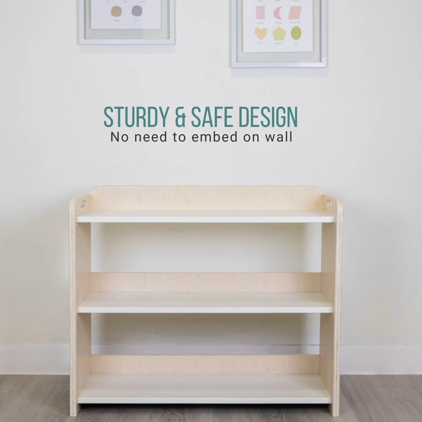 Premium Montessori shelf for toddlers, made in Canada from plywood with rounded corners. Features three accessible levels for toys and learning materials, including green storage bins on the bottom shelf, designed to encourage independence and organization for children.