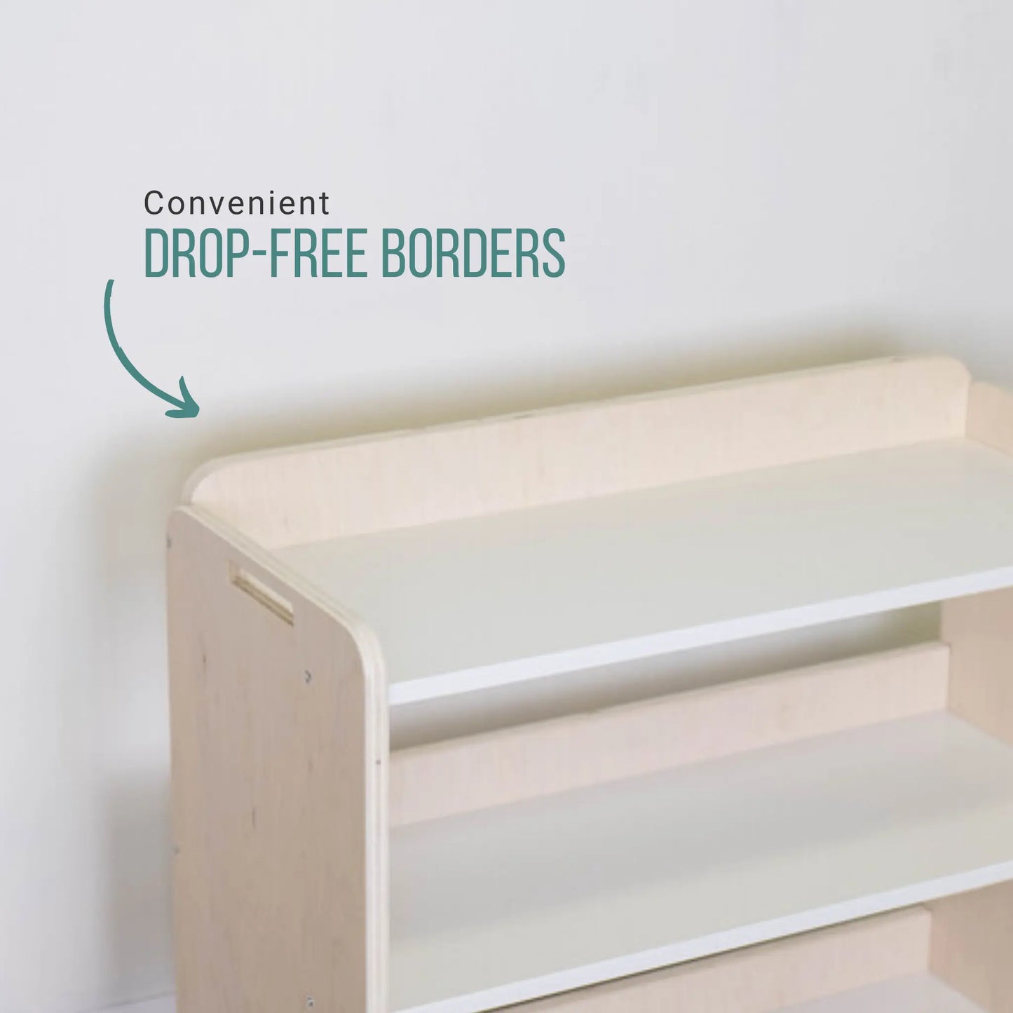Premium Montessori shelf for toddlers, made in Canada from plywood with rounded corners. Features three accessible levels for toys and learning materials, including green storage bins on the bottom shelf, designed to encourage independence and organization for toddlers