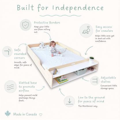 Infographic of a full size floor bec with features highlighted on a white background from Sapiens Child