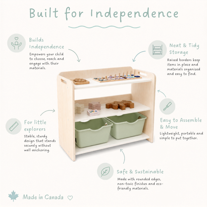 Illustrated product infographic showing a child-sized wooden storage shelf with bins and toys, highlighting features such as independence, organized storage, safety, portability, and Canadian-made design from Sapiens Child.