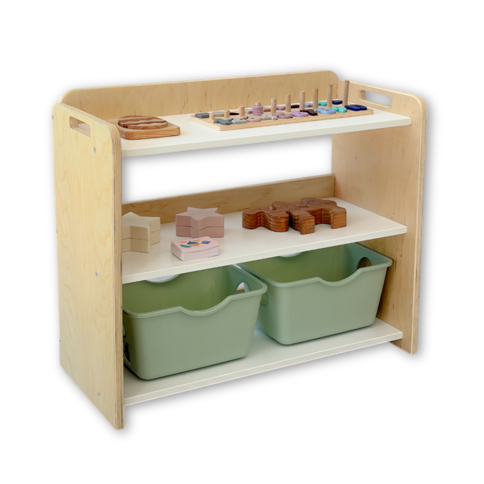 Premium Montessori shelf for toddlers, made in Canada from birch plywood with rounded corners. Features three accessible levels for toys and learning materials, including green storage bins on the bottom shelf—designed to encourage independence and organization in young children, from Sapiens Child