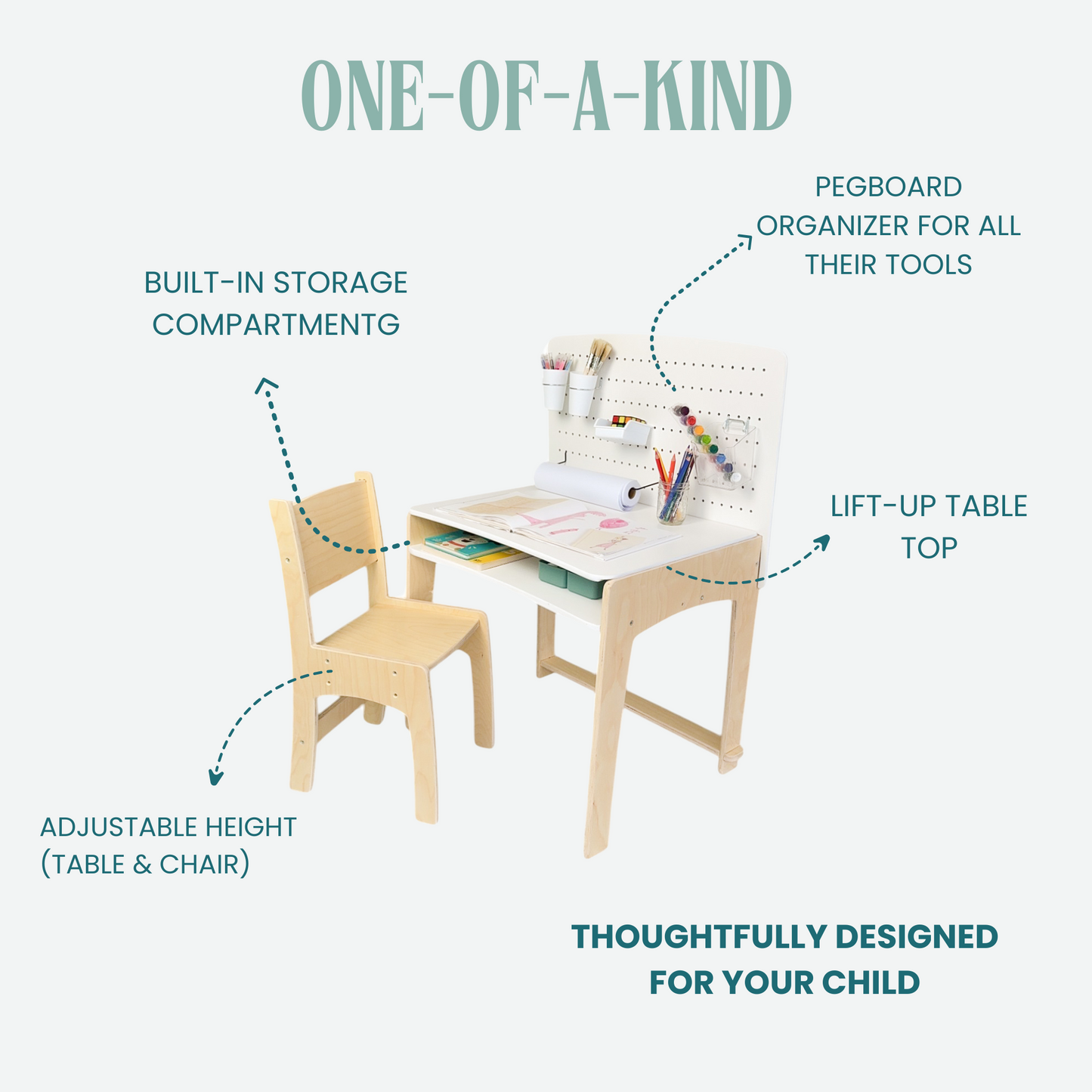 Adjustable Lumen Big Kid Desk with chair in birch finish featuring a lift-up tabletop and built-in storage compartment, complete with a pegboard organizer for child-friendly tool access, designed thoughtfully for children's creative and educational activities