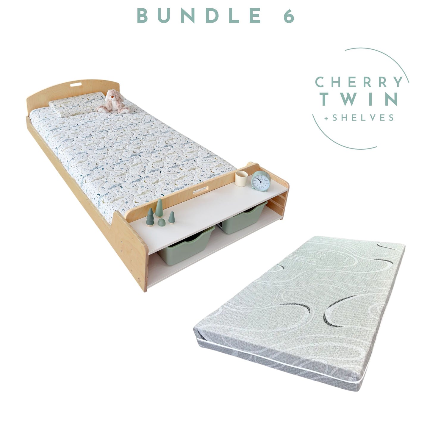 CHERRY BUNDLE 2 - Montessori Floor Bed with Shelves & Mattress