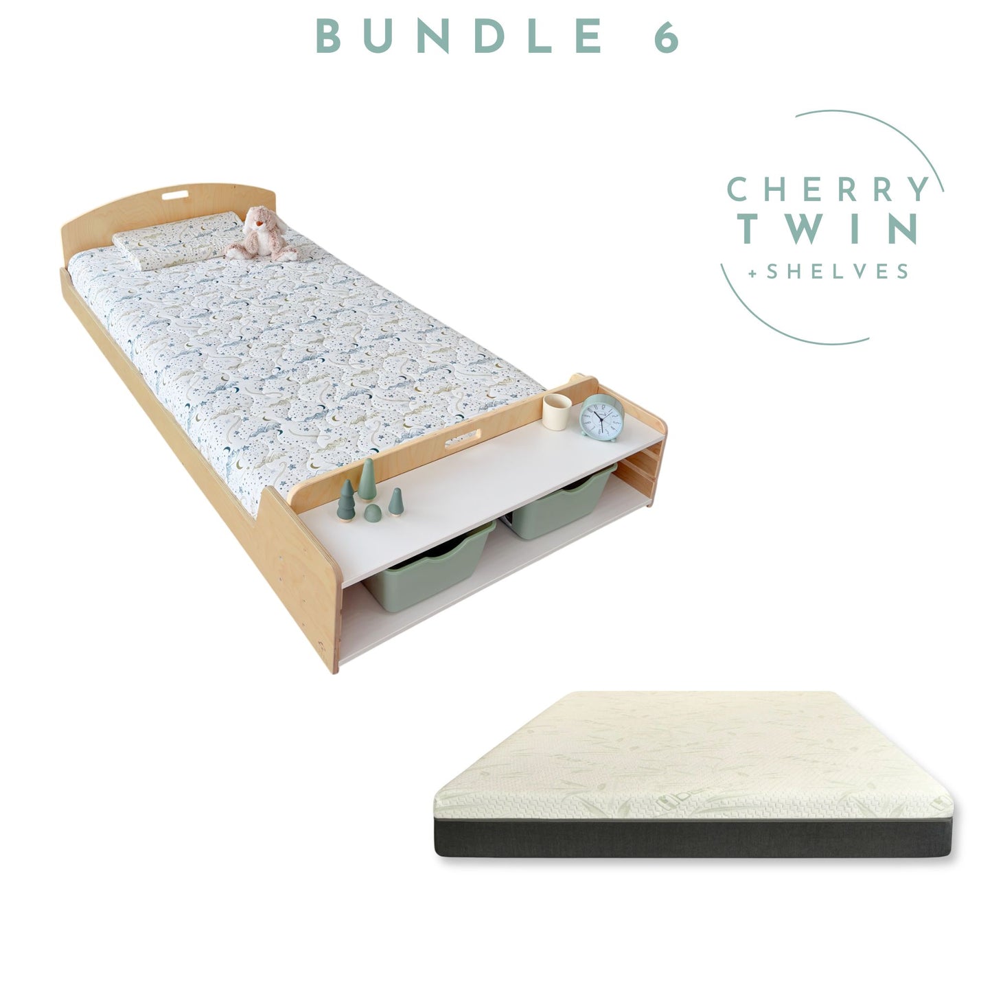 CHERRY BUNDLE 2 - Montessori Floor Bed with Shelves & Mattress