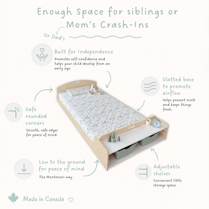 Children's Montessori bed with features listed on a white background from Sapiens Child