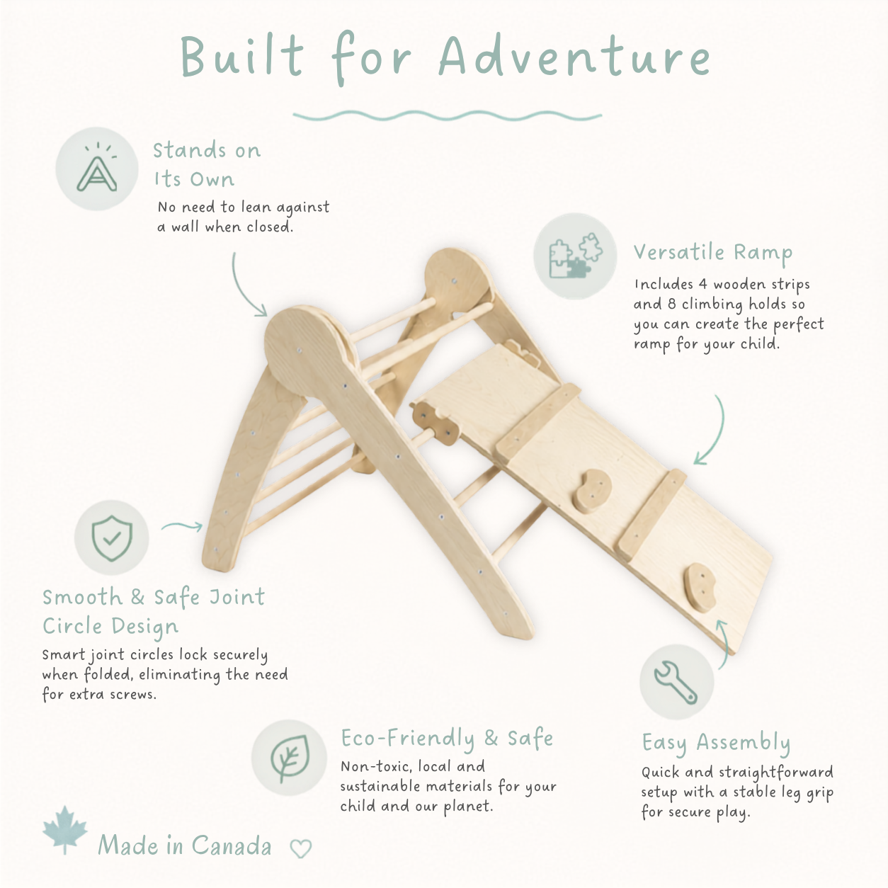 Wooden climbing Montessori  toy with features listed on a white background from Sapiens Child