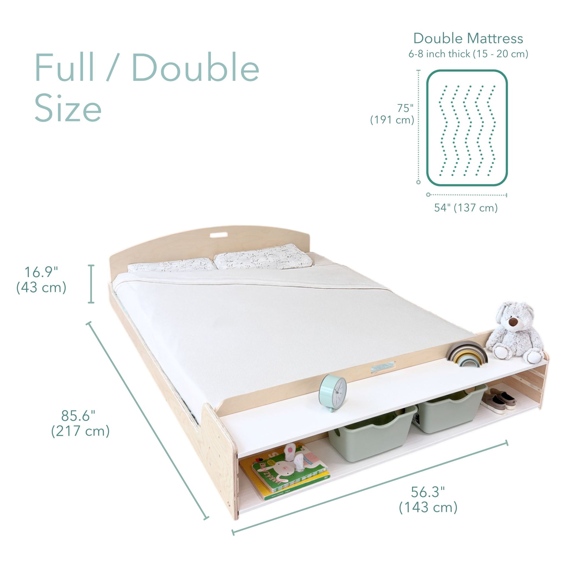 Dimensions of a full or double size bed with mattress and storage drawers.