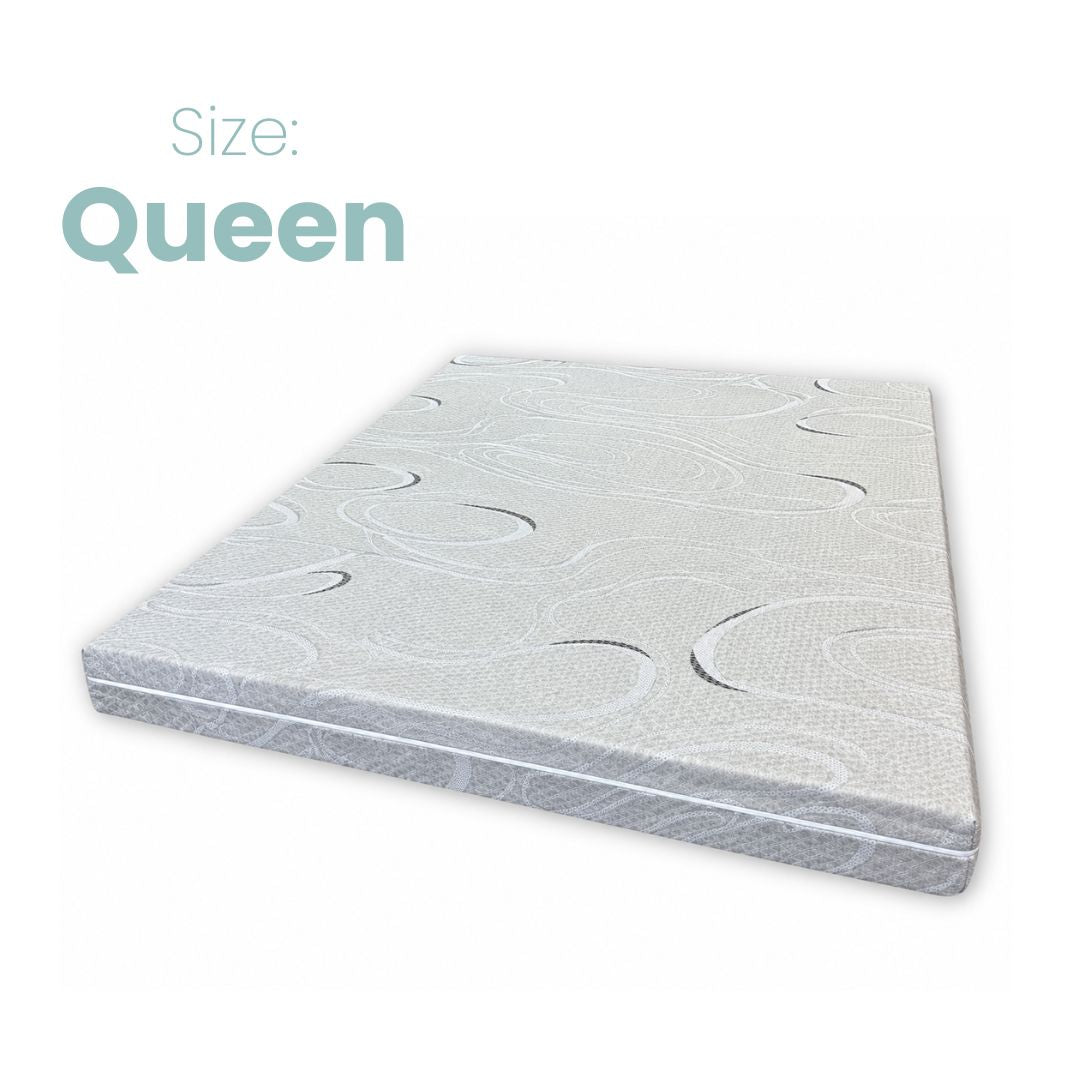 A Queen-size mattress shown at an angle on a white background, with the word 'Size: Queen' printed in the upper left.