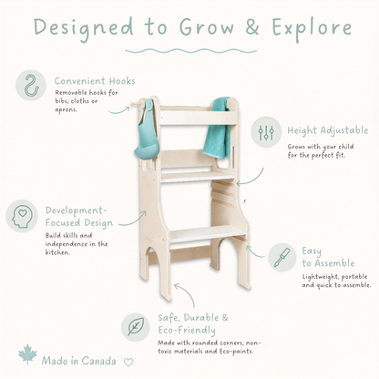 Children's learning Montessori tower with hooks and height adjustment features from Sapiens Child.