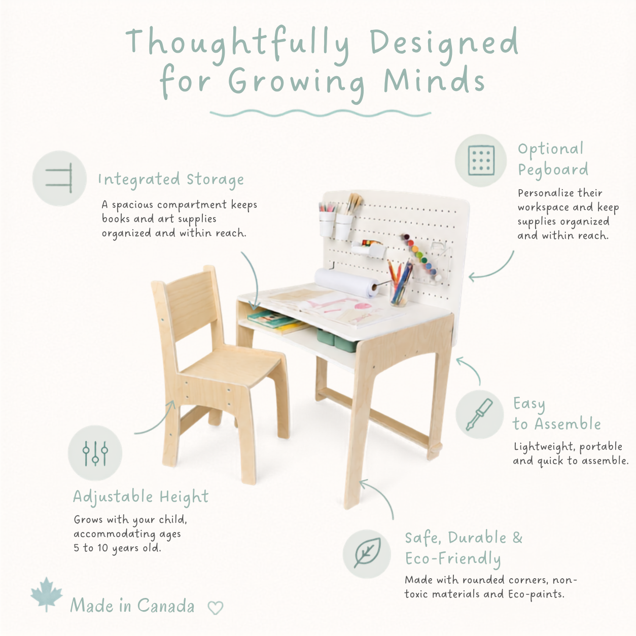 Adjustable Lumen Big Kid Desk from Sapiens Child with chair finish featuring a lift-up tabletop and built-in storage compartment, complete with a pegboard organizer for child-friendly tool access, designed thoughtfully for children's creative and educational activities