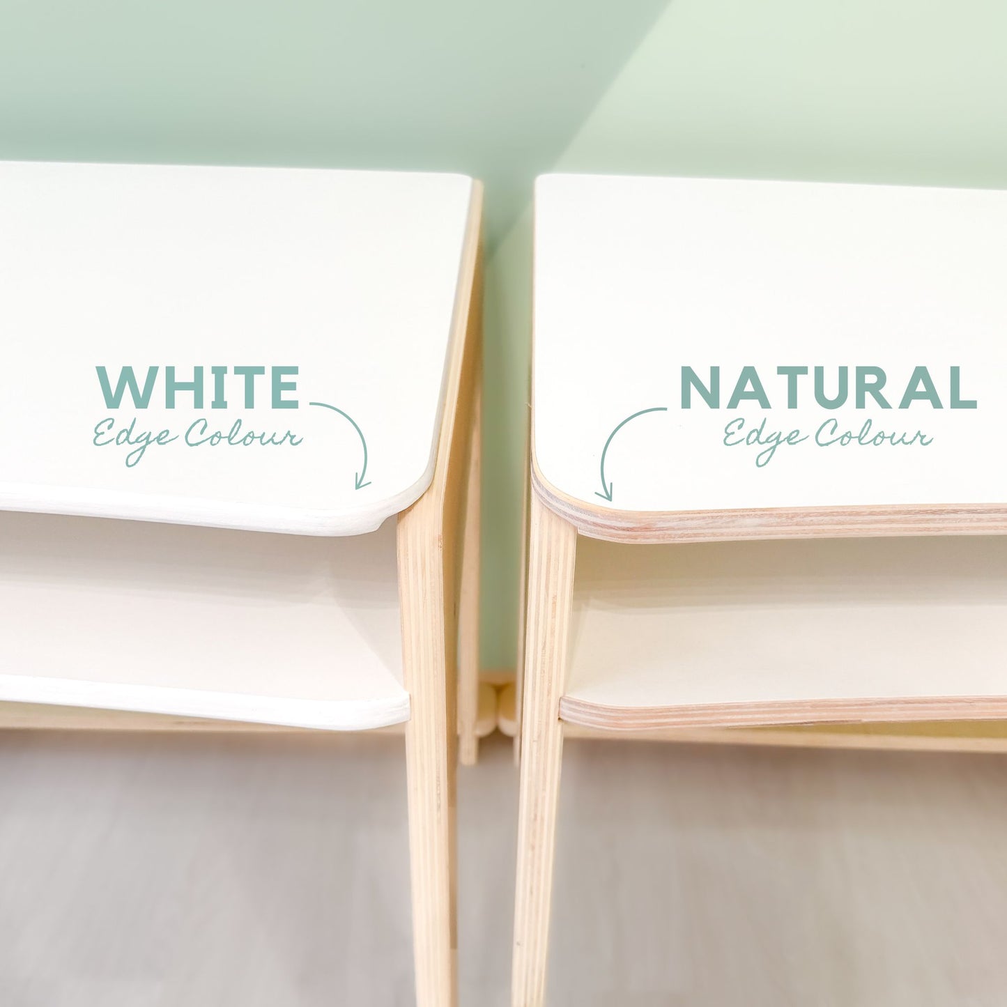 Close-up of two Lumen Big Kid Desk tabletops, showcasing edge color options. The left desk features a white edge, while the right desk displays a natural wood finish. Both tabletops have a smooth melamine surface and rounded corners, designed for durability and style in kids' study spaces.