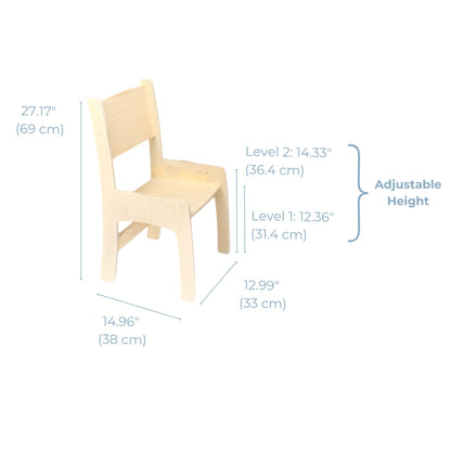Natural wood Lumen Adjustable Kid’s Chair with ergonomic backrest and adjustable seat height. This Montessori-inspired chair is designed for children aged 4.5 to 10 years, with two height levels (31.4 cm and 36.4 cm). Crafted in Canada from high-quality birch wood, this sturdy and modern kids’ chair pairs perfectly with the Lumen Big Kid Desk.
