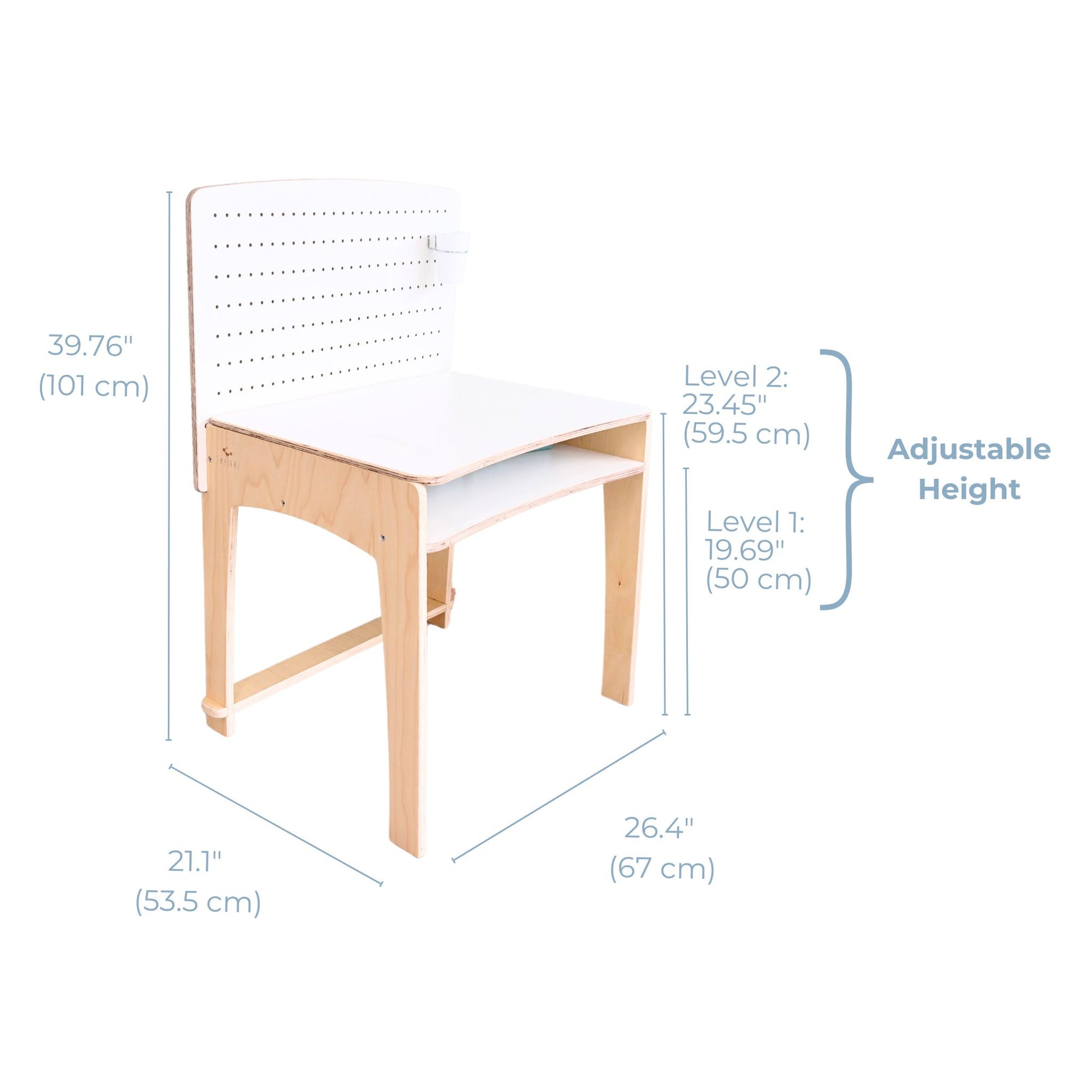 Modern Lumen Big Kid Desk with adjustable height levels (50 cm and 59.5 cm) designed for children aged 4.5 to 10+ years. Featuring a durable birch wood frame, white melamine desktop, and an integrated pegboard for easy organization. This ergonomic kids’ study desk is crafted in Canada, providing a spacious and adaptable workspace for growing learners.