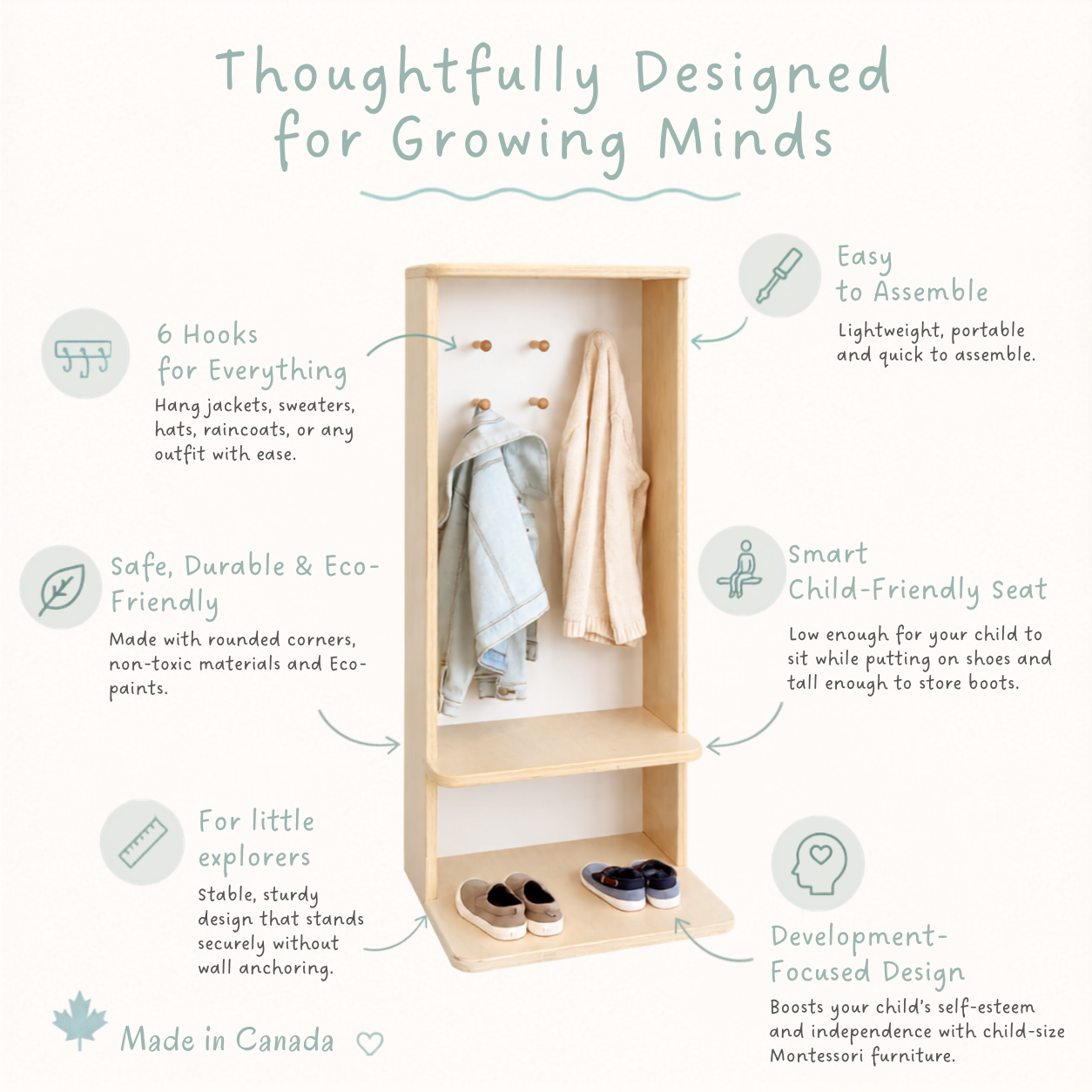 Sapiens Child infographic featuring a Montessori-inspired entryway organizer with hooks, seating, and shoe storage designed to promote independence and everyday routines.