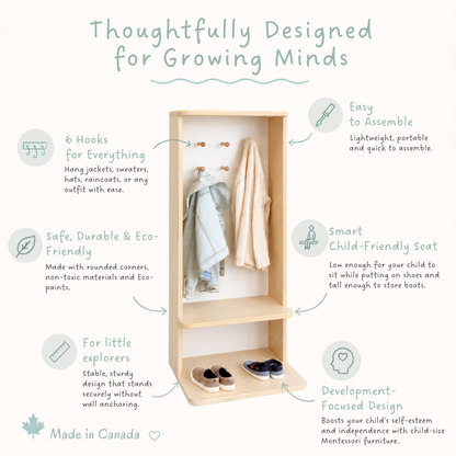 Sapiens Child infographic featuring a Montessori-inspired entryway organizer with hooks, seating, and shoe storage designed to promote independence and everyday routines.