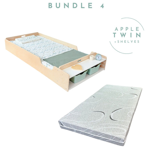 ENSEMBLE APPLE 2 - Lit Montessori au Sol avec Étagères et Matelas