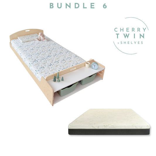 ENSEMBLE CHERRY 2 - Lit Montessori au Sol avec Étagères et Matelas