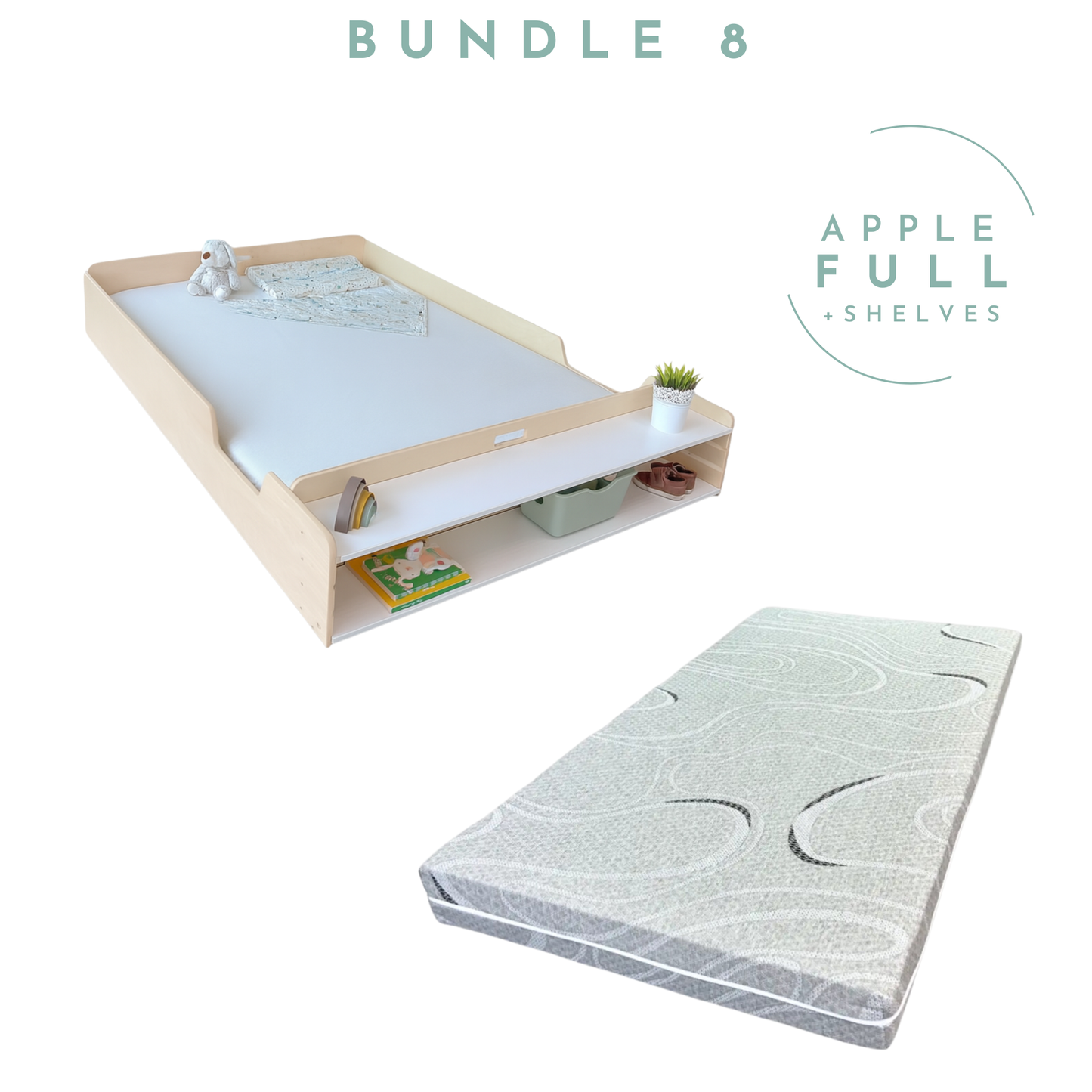 BUNDLE 8 - Apple Full Floor Bed with Shelves & Mattress