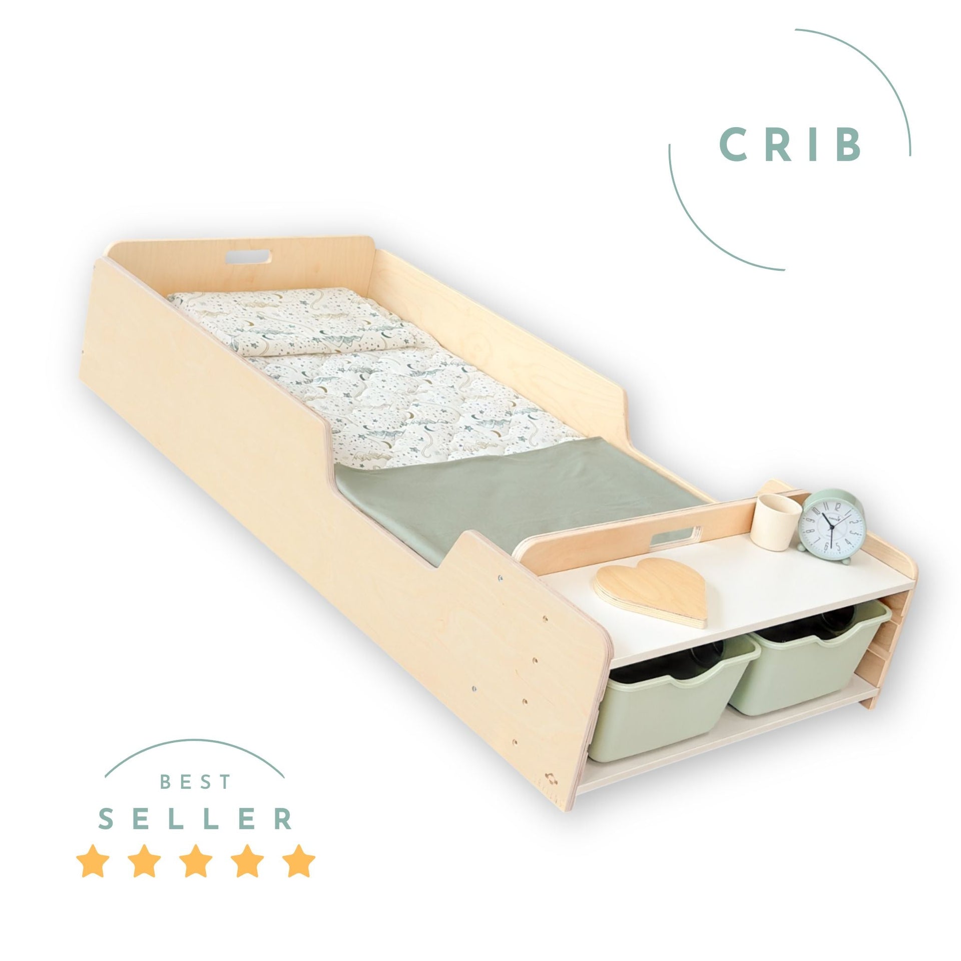 APPLE CRIB Montessori Floor Bed with Rails Shelves