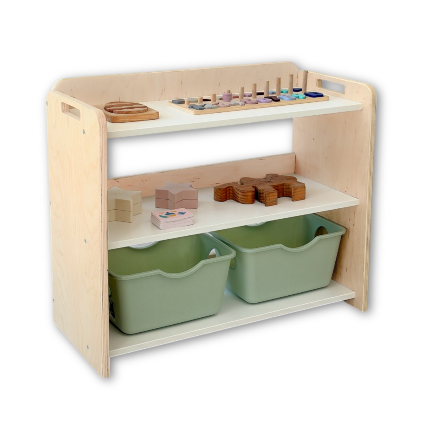 Premium Montessori shelf for toddlers, made in Canada from maple plywood with rounded corners. Features three accessible levels for toys and learning materials, including green storage bins on the bottom shelf—designed to encourage independence and organization in young children.