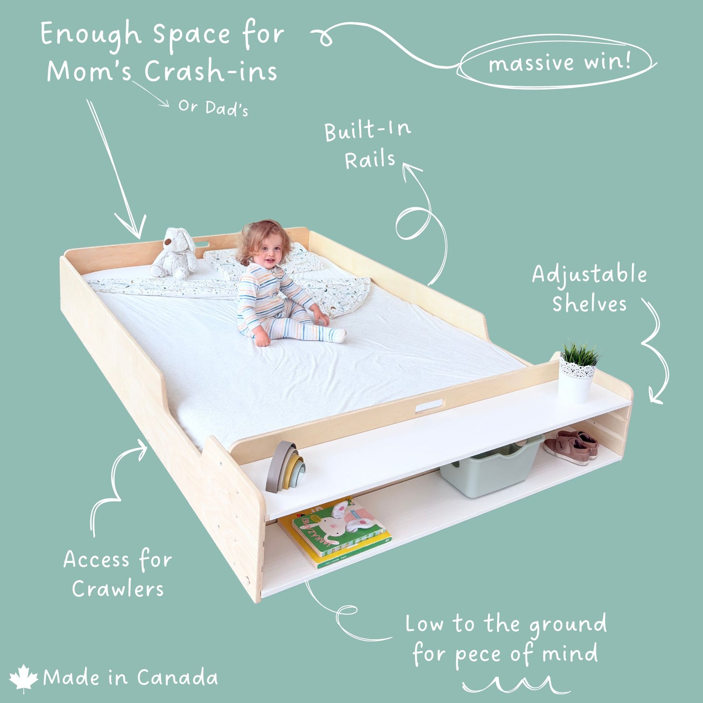 APPLE FULL - Montessori Floor Bed with Shelves
