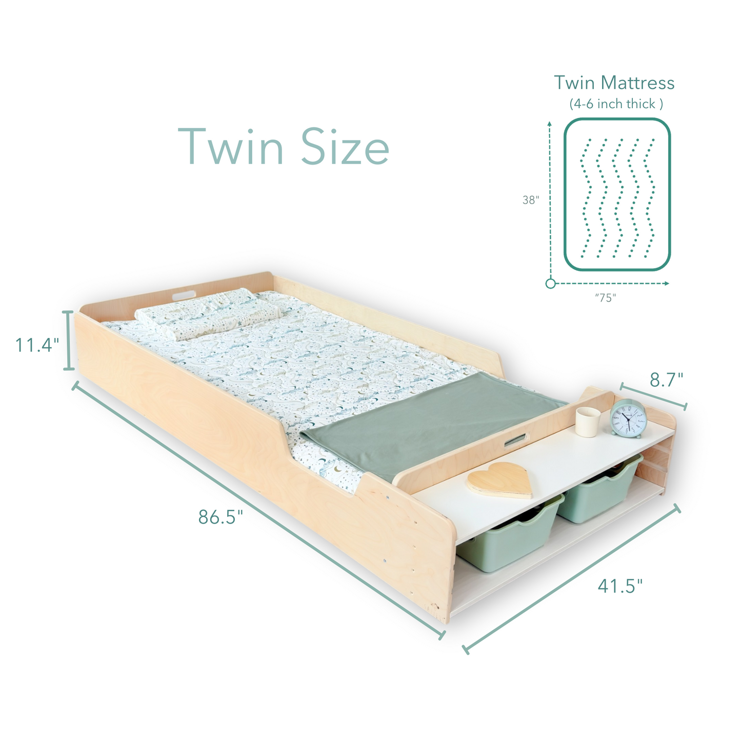 APPLE - Montessori Floor Bed with Rails & Shelves