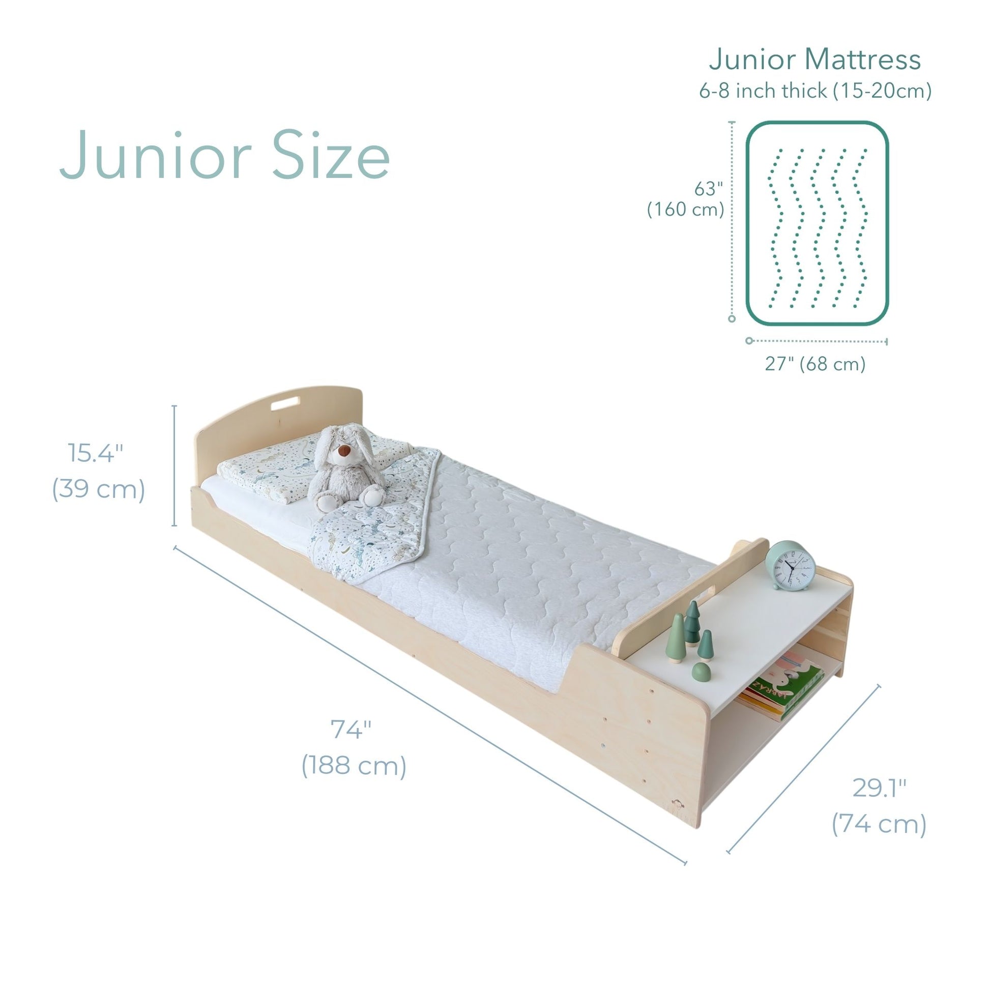 Measurement chart of a junior size bed and mattress with dimensions on a white background.