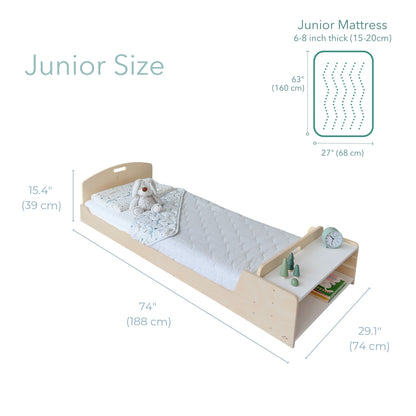 Measurement chart of a junior size bed and mattress with dimensions on a white background.