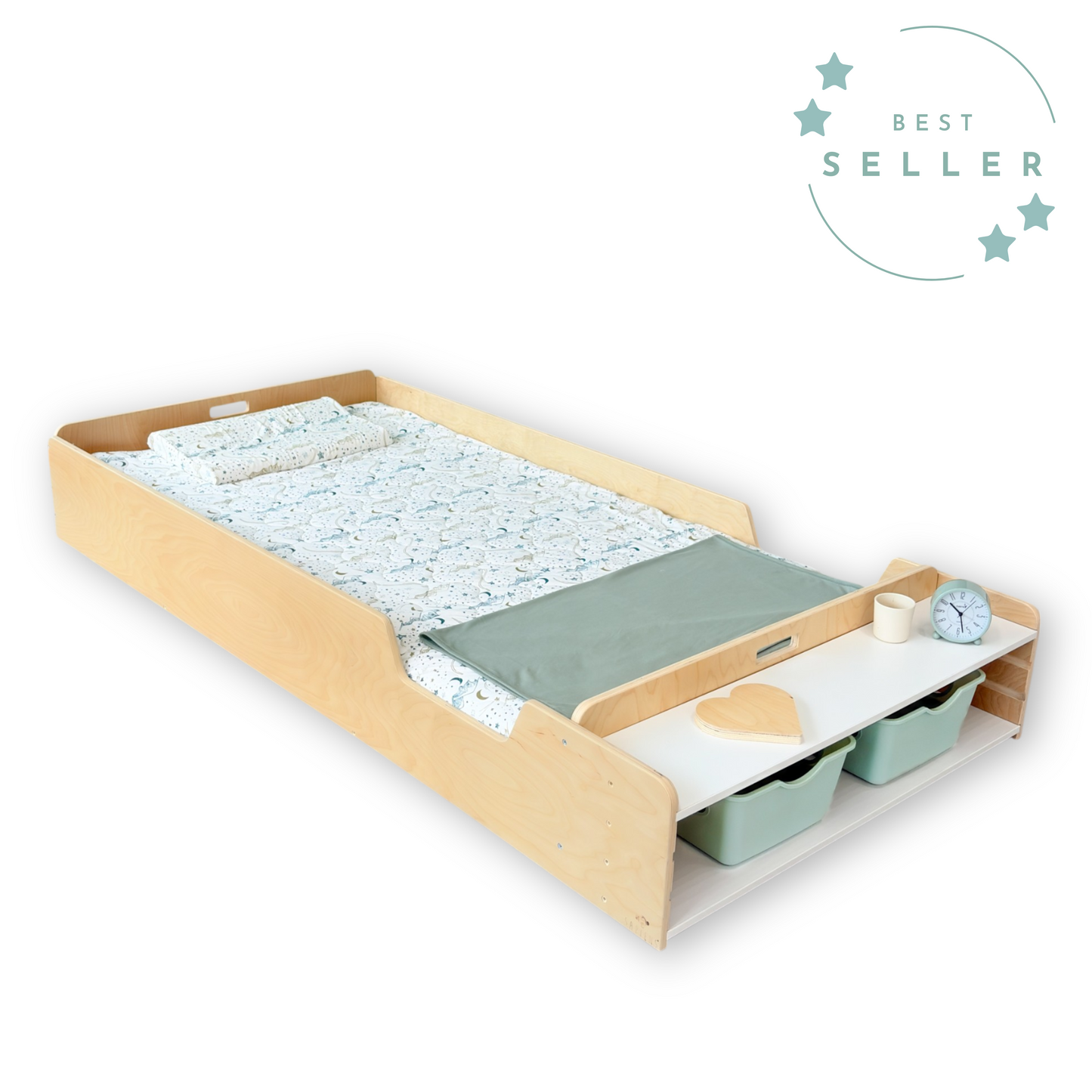 Birch wood Twin Montessori floor bed with integrated bedside shelf, designed to support toddler independence and safe sleep transitions
