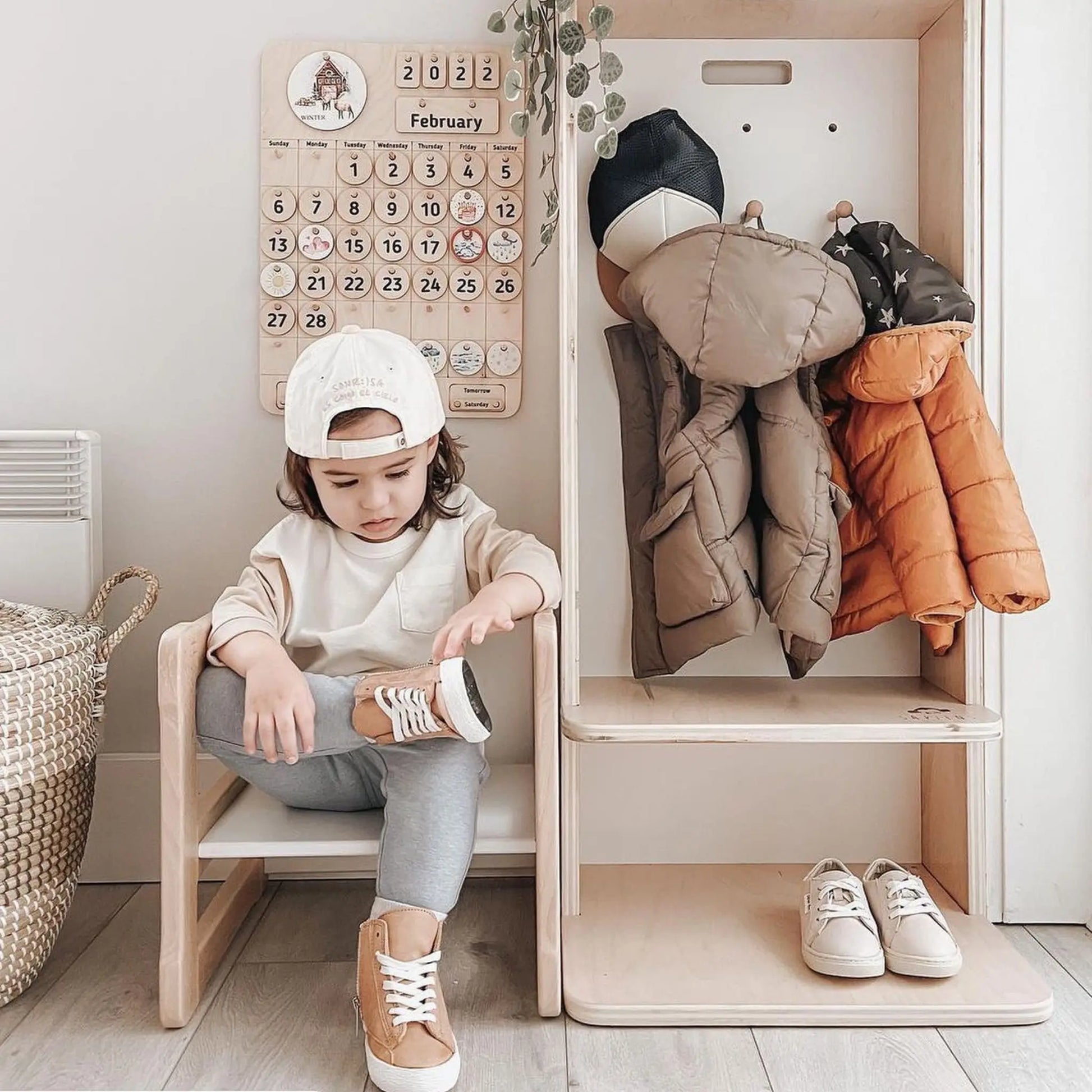 Wooden Montessori Coat Rack and Cubby for Toddlers