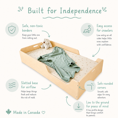 Wooden crib with safety features highlighted and text indicating 'Built for Independence'. from Sapiens Child