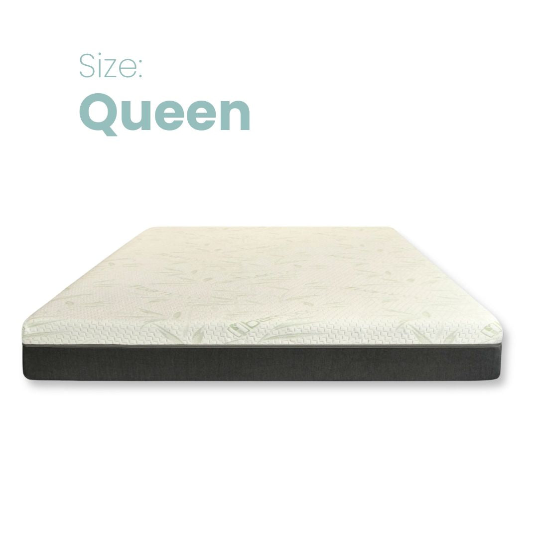 A queen-size mattress shown at an angle on a white background, with the text 'Size: Queen' in light blue at the top left.