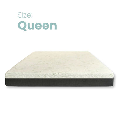 A queen-size mattress shown at an angle on a white background, with the text 'Size: Queen' in light blue at the top left.