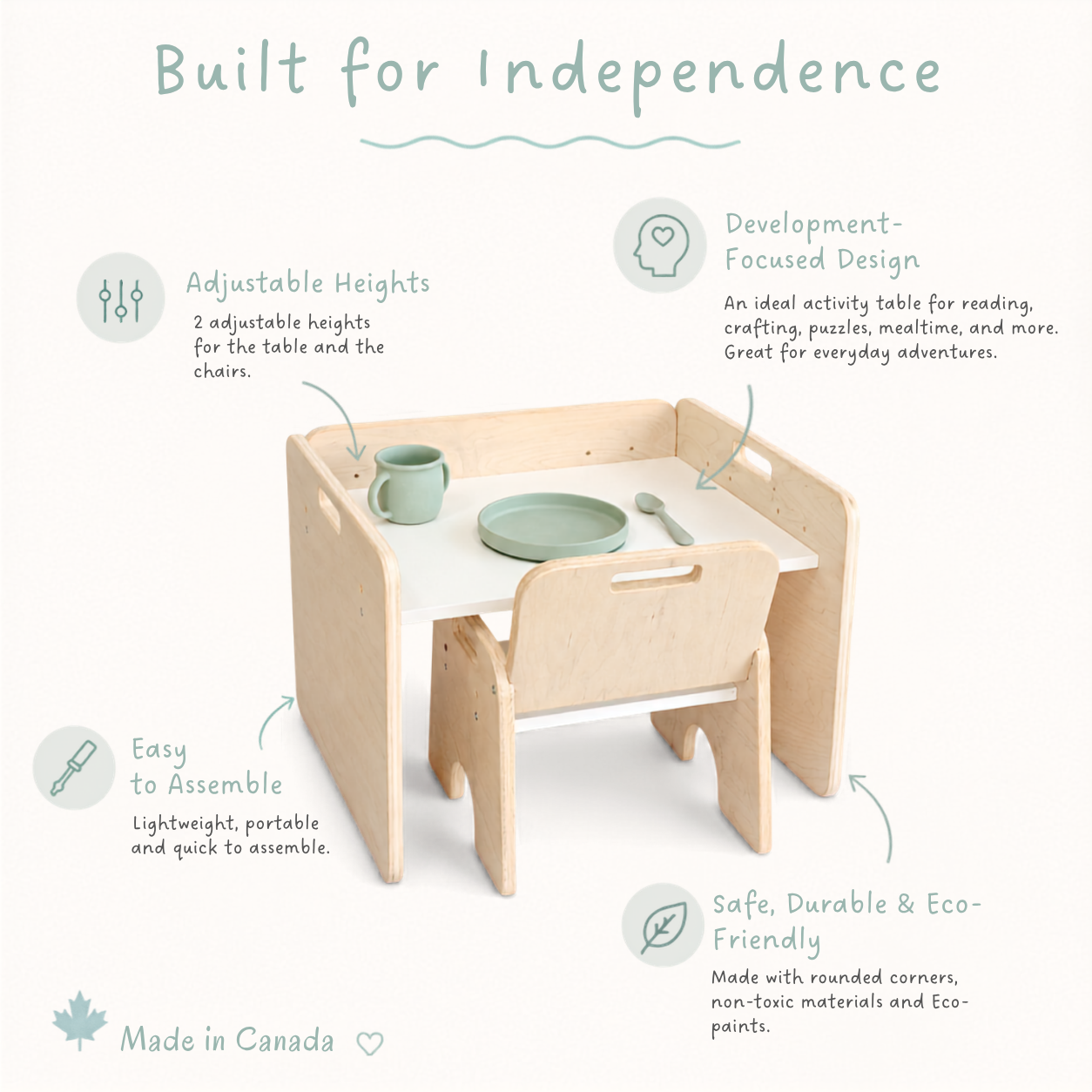 Children's Montessori table and chair set with features highlighted on a white background from Sapiens Child