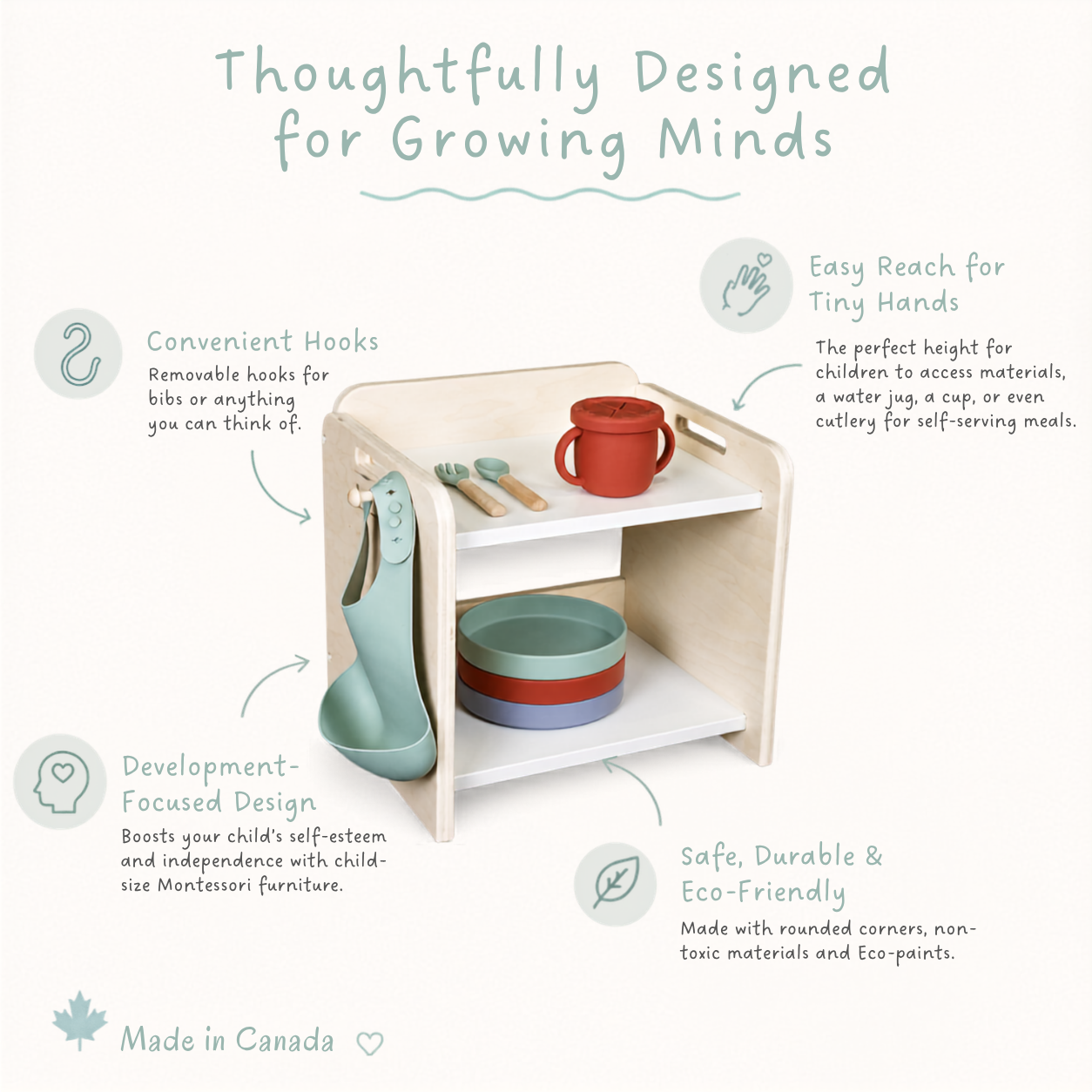 Product infographic of Sapiens Child Montessori furniture, featuring a child-sized wooden shelf with a silicone cup, utensils, plates, and a hanging bib, highlighting its eco-friendly, accessible, and development-focused design.