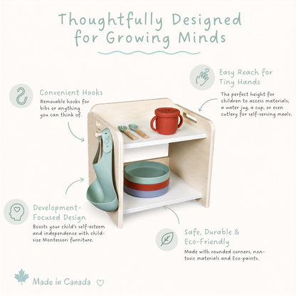 Product infographic of Sapiens Child Montessori furniture, featuring a child-sized wooden shelf with a silicone cup, utensils, plates, and a hanging bib, highlighting its eco-friendly, accessible, and development-focused design.