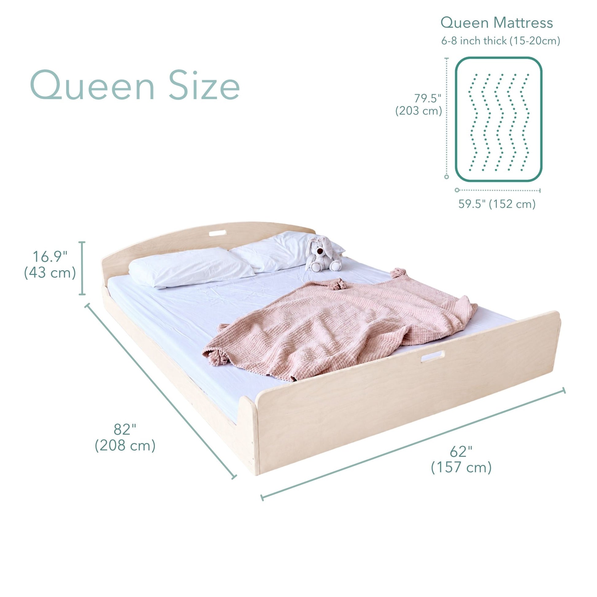 A light wood bed frame shown on a white background with dimension callouts indicating Queen size: 82 inches width, 62 inches depth, and 12.25 inches height.