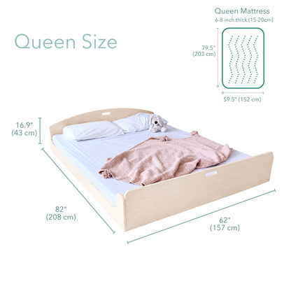 A light wood bed frame shown on a white background with dimension callouts indicating Queen size: 82 inches width, 62 inches depth, and 12.25 inches height.