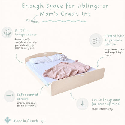 A light natural wood toddler bed with safety rails, shown on a cream background with marketing text callouts about space, airflow, rounded corners, and CanadianMade quality.